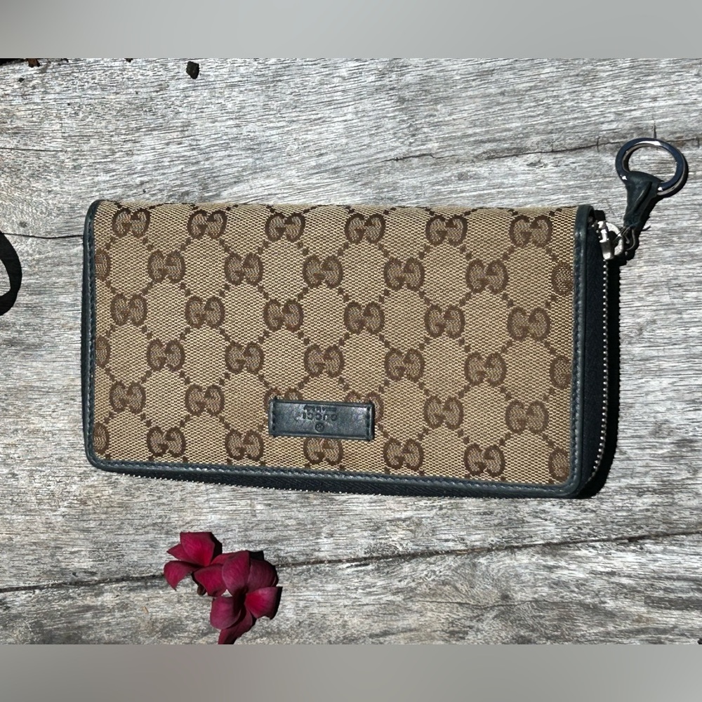 Gucci Monogram Navy Blue zip around long wallet